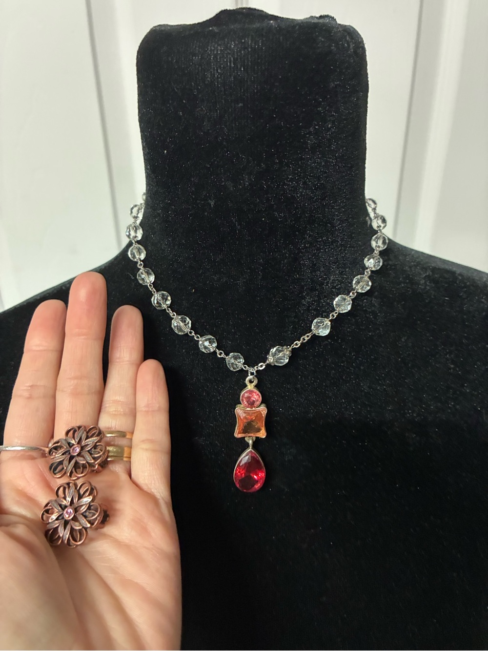 Crystal Bead Necklace with Red Gem Pendant